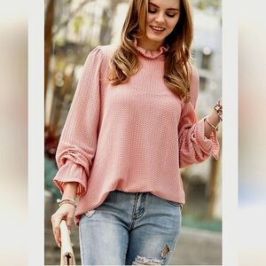 Nwot Mazik Salmon Pink Longsleeve High Ruffled Neck Lined Blouse